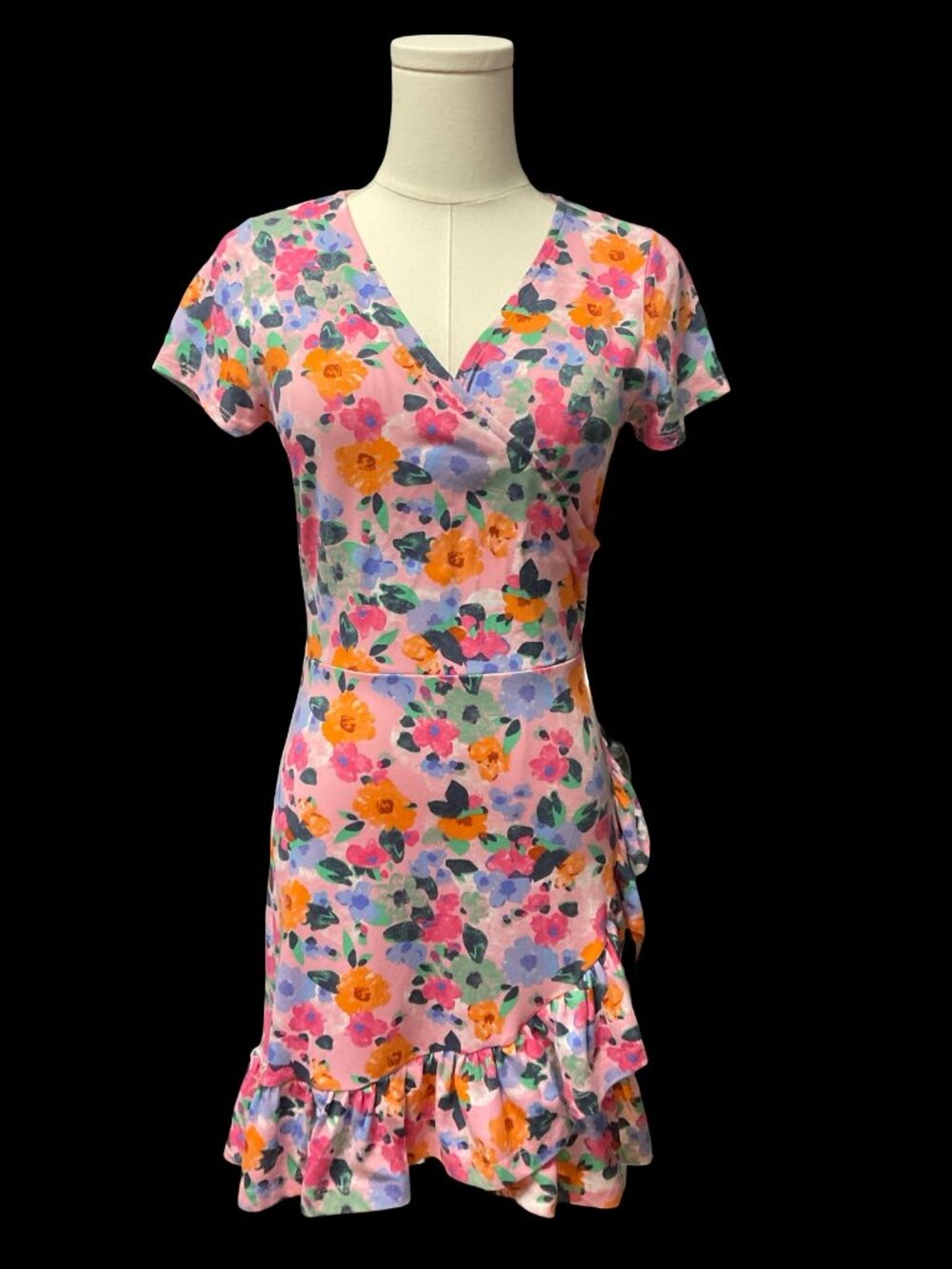 Pink Floral Print Dress w/ Wrap Bodice & Ruffle Hem